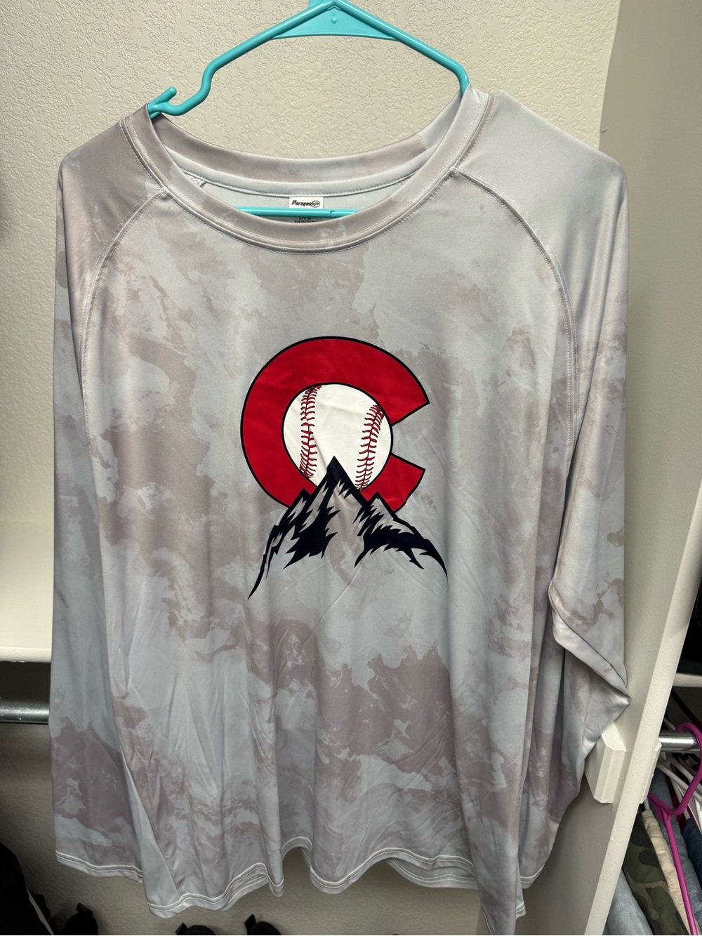 PARAGON Light Gray Long-Sleeve Tee with Red Baseball Crest